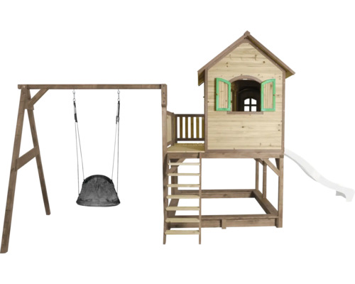 Holzspielhaus mit Schaukel, Rutsche und Leiter