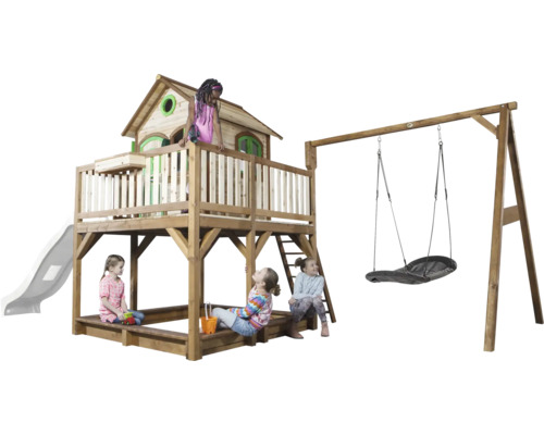 Spielturm aus Holz mit Schaukel, Rutsche und Sandkasten für Kinder