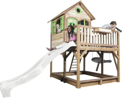 Spielhaus aus Holz mit Rutsche, Schaukel und Sandkasten für Kinder
