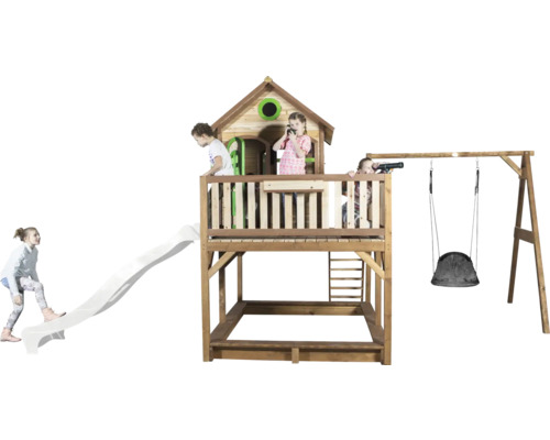 Spielturm aus Holz mit Rutsche, Schaukel und Sandkasten für Kinder