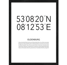 Gerahmtes Poster mit den Koordinaten und Stadtteilen von Oldenburg