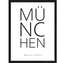 Gerahmtes Wandbild mit dem Schriftzug München und Koordinaten