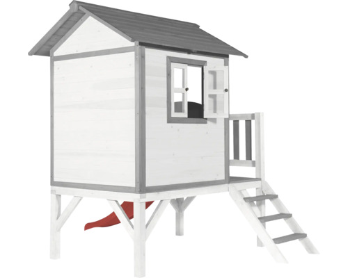 Cabane de jeux en bois avec toboggan, escalier et fenêtre