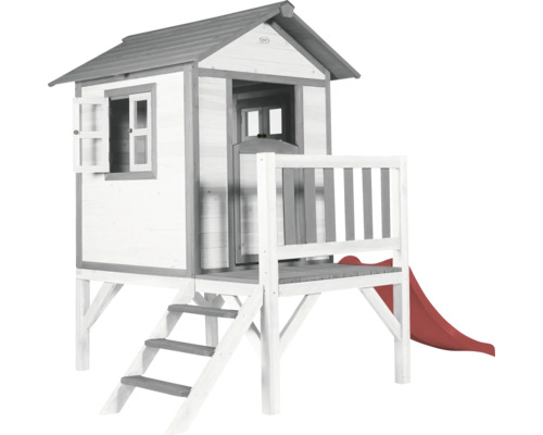 Spielhaus mit Stelzen axi Lodge 240 x 167 cm Holz grau inkl. Rutsche rot