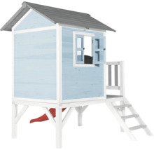 Cabane de jeu bleue en bois avec toboggan et escalier