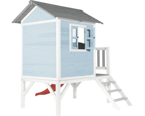 Cabane de jeu bleue en bois avec toboggan et escalier