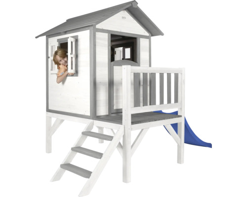 Spielhaus aus Holz mit Treppe und Rutsche