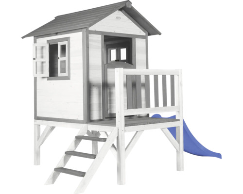 Cabane de jeux sur pilotis axi Lodge 240 x 167 bois gris contenant toboggan Maisonnette en bois avec toboggan et escalier pour enfants