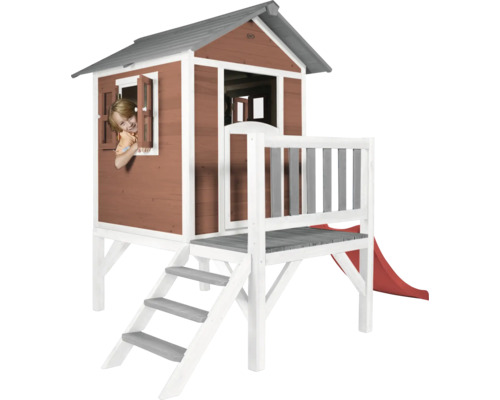 Cabane de jeux sur pilotis axi Lodge 240 x 167 cm bois rouge avec toboggan rouge Maisonnette en bois avec toboggan et échelle