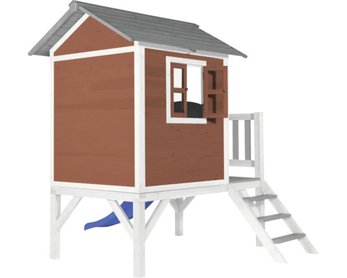 Spielhaus aus Holz mit Rutsche und Treppe