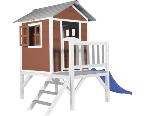 Cabane de jeux sur pilotis axi Lodge 240 x 167 cm bois rouge avec toboggan bleu Maison de jeu en bois avec toboggan et échelle
