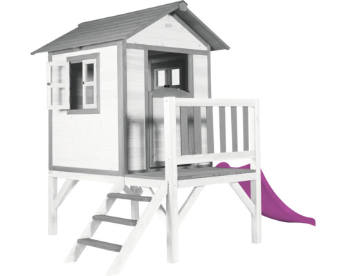 Cabane de jeux sur pilotis axi Lodge 240 x 167 cm bois gris avec toboggan violet Cabane de jeu en bois avec toboggan et escalier