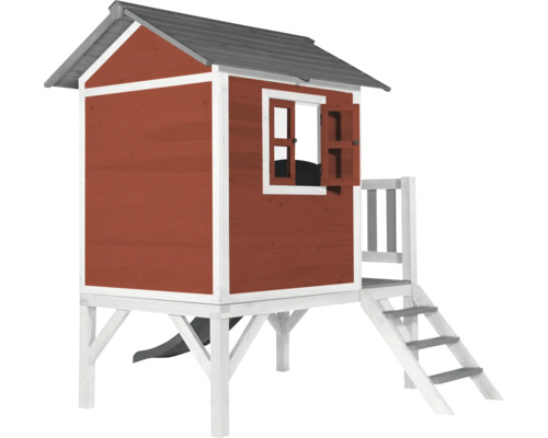 Spielhaus aus Holz mit Rutsche und Treppe