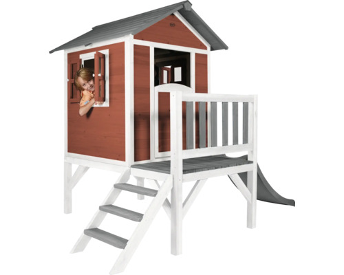 Cabane de jeux sur pilotis axi Lodge 240 x 167 bois rouge contenant toboggan