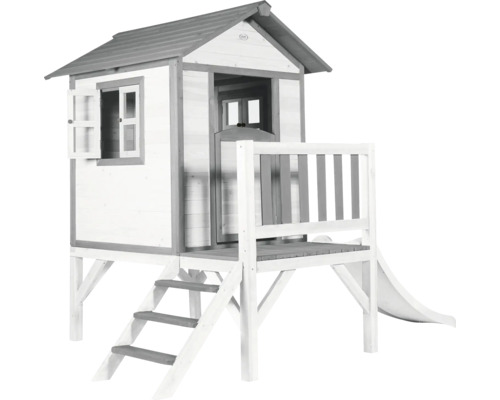 Cabane de jeux sur pilotis axi Lodge 240 x 167 cm bois gris avec toboggan blanc Cabane de jeu avec toboggan, escalier et fenêtre qui s''ouvre