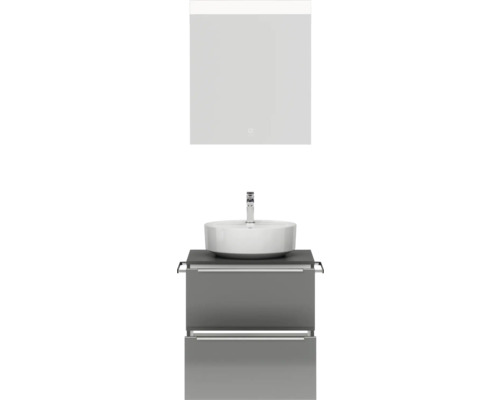Set de meubles de salle de bains NOBILIA Programm 3 lxhxp 61 x 169,1 x 48,7 cm couleur de façade gris haute brillance avec vasque à poser blanc et miroir avec éclairage LED barre de poignée chrome mat 332
