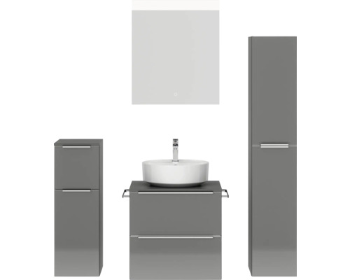 Set de meubles de salle de bains NOBILIA Programm 3 lxhxp 140 x 169,1 x 48,7 cm couleur de façade gris haute brillance avec vasque à poser blanc et miroir avec éclairage LED armoire midi meuble bas barre de prise chrome mat 356