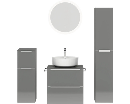 Set de meubles de salle de bains NOBILIA Programm 3 lxhxp 140 x 169,1 x 48,7 cm couleur de façade gris haute brillance avec vasque à poser blanc et miroir rond avec éclairage LED armoire midi meuble bas barre de prise chrome mat 372