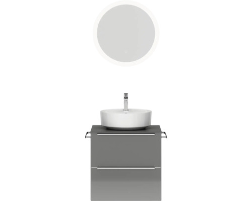 Set de meubles de salle de bains NOBILIA Programm 3 lxhxp 61 x 169,1 x 48,7 cm couleur de façade gris haute brillance avec vasque à poser blanc et miroir rond avec éclairage LED barre de prise chrome mat 348