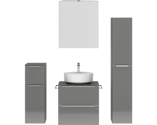 Set de meubles de salle de bains NOBILIA Programm 3 lxhxp 140 x 169,1 x 48,7 cm couleur de façade gris haute brillance avec vasque à poser et armoire de toilette à 1 portes avec éclairage LED meuble bas armoire midi barre de prise chrome mat 364