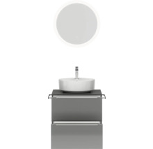 Badmöbel-Set NOBILIA Programm 3 BxHxT 61 x 169,1 x 48,7 cm Frontfarbe grau hochglanz mit Aufsatz-Waschtisch weiß und Spiegel rund mit LED-Beleuchtung Griffleiste chrom matt 348