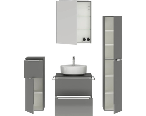 Komplette Badezimmereinrichtung mit Waschtisch, Waschbecken, Spiegelschrank und Hochschrank