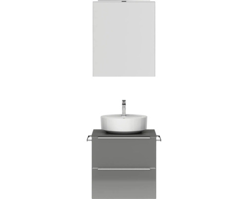 Set de meubles de salle de bains NOBILIA Programm 3 lxhxp 61 x 169,1 x 48,7 cm couleur de façade gris haute brillance avec vasque à poser et armoire de toilette à 1 portes avec éclairage LED barre de prise chrome mat 340