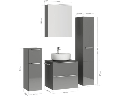 Badezimmer-Set mit Waschtisch, Waschbecken, Spiegelschrank und Hochschrank mit Maßangaben