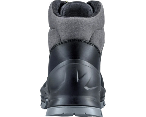 Rückansicht eines grauen und schwarzen Arbeitsstiefels.