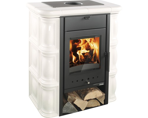Poêle Haas&Sohn Tirol 343.15 céramique crème 6 KW avec compartiment pour le bois Poêle à bois avec compartiment à bois et revêtement en céramique