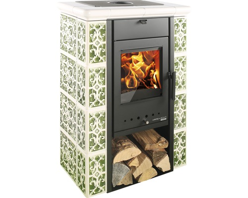 Poêle Haas&Sohn Tirol 343.15 céramique vert-blanc 6 kW avec compartiment pour le bois Poêle à bois avec carreaux et compartiment à bois