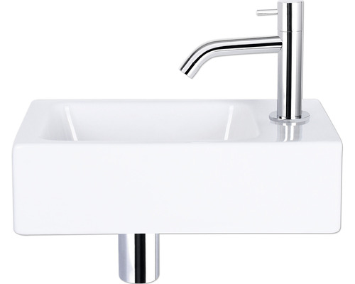 Ensemble lave-mains Hura L 40 x 22 cm céramique blanc avec robinet d’eau froide et siphon chrome