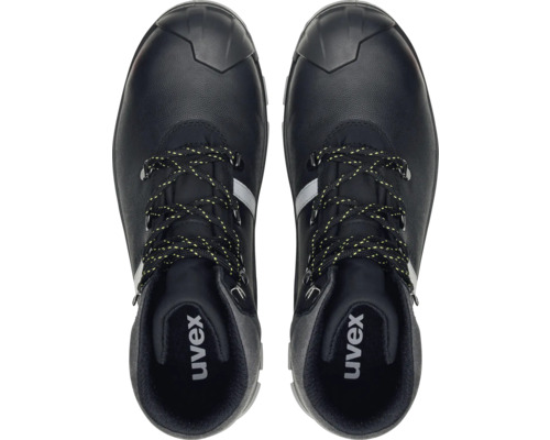 Paar schwarze Uvex Sicherheitsschuhe von oben