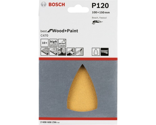 Papier abrasif Bosch P120, 100x150 millimètres, pour bois et peinture