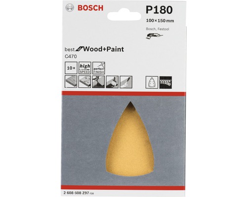 Papier abrasif Bosch P180 pour bois et peinture, 100x150 millimètres