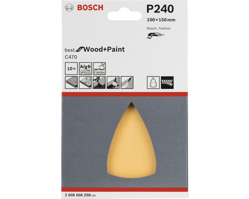 Papier abrasif Bosch P240 pour bois et peinture, 100x150 millimètres