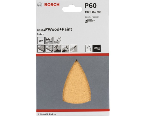 Jeu de papier abrasif Bosch P60 pour bois et peinture, 100 x 150 millimètres