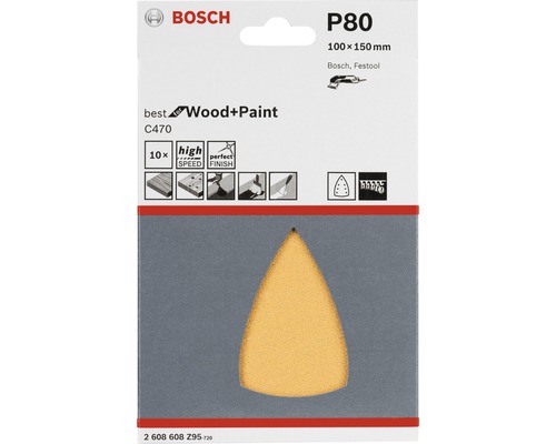 Jeu de papier abrasif Bosch P80 pour bois et peinture, 100x150 millimètres