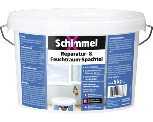 Enduit de réparation pour pièces humides SchimmelX 5 kg Seau de mastic de réparation Schimmel pour pièces humides, prêt à l''emploi, renforcé de fibres, 5 kilogrammes