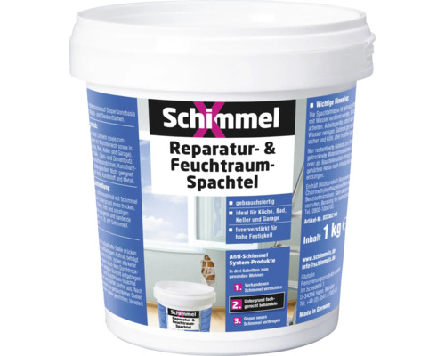 Enduit de réparation pour pièces humides SchimmelX 1 kg Seau de mastic anti-moisissure Schimmel Reparatur und Feuchtraumspachtel, prêt à l''emploi, idéal pour la cuisine, la salle de bains, la cave et le garage