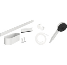 Ensemble d''accessoires de bain avec pomme de douche, flexible de douche, support, étagère, raclette de douche et crochets