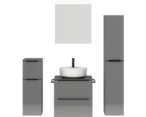 Set de meubles de salle de bains NOBILIA Programm 3 lxhxp 140 x 169,1 x 48,7 cm couleur de façade gris haute brillance avec vasque à poser blanc et miroir avec éclairage LED armoire midi meuble bas barre de prise noire 357