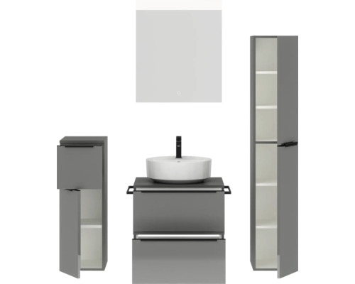 Ensemble de salle de bains avec meuble-lavabo, vasque à poser, armoire de toilette et armoires hautes