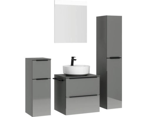 Ensemble de salle de bains gris avec lavabo, meuble sous-lavabo, armoire de toilette et armoire haute pour la salle de bains
