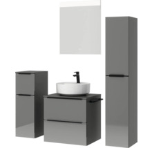 Ensemble de salle de bains gris avec lavabo, meuble sous-vasque, armoire de toilette et armoire haute pour salle de bains