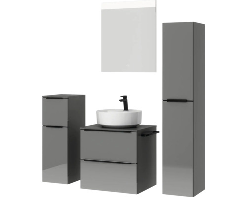 Ensemble de salle de bains gris avec lavabo, meuble sous-vasque, armoire de toilette et armoire haute pour salle de bains