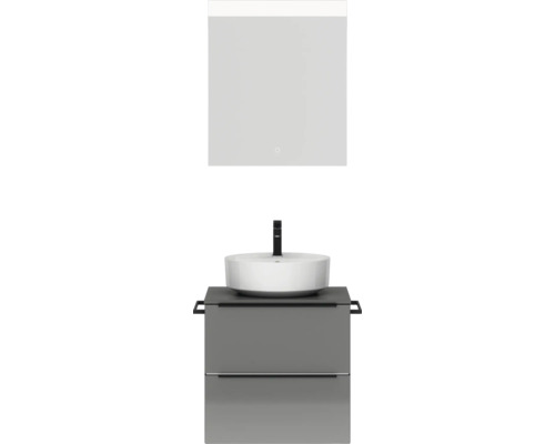 Set de meubles de salle de bains NOBILIA Programm 3 lxhxp 61 x 169,1 x 48,7 cm couleur de façade gris haute brillance avec vasque à poser blanc et miroir avec éclairage LED barre de prise noire 333