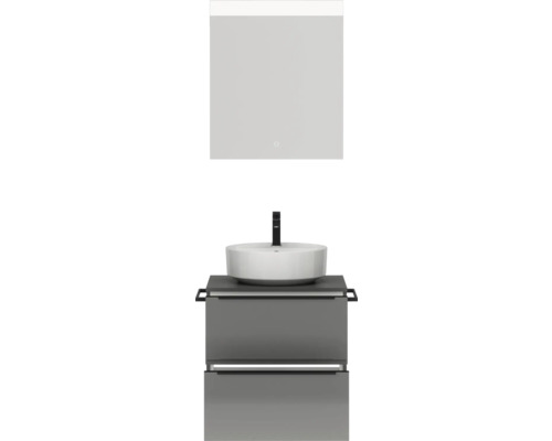 Waschtisch mit Aufsatzwaschbecken und beleuchtetem Spiegel für das Badezimmer