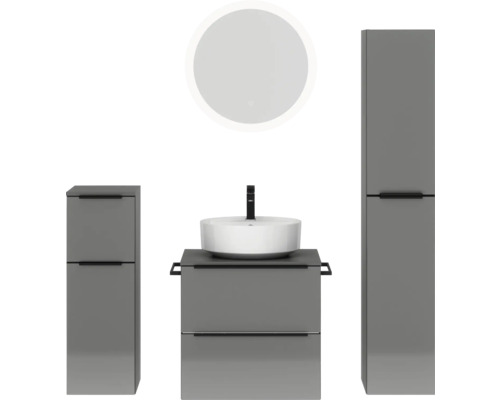 Badmöbel-Set NOBILIA Programm 3 BxHxT 140 x 169,1 x 48,7 cm Frontfarbe grau hochglanz mit Aufsatz-Waschtisch weiß und Spiegel rund mit LED-Beleuchtung Midischrank Unterschrank Griffleiste schwarz 373