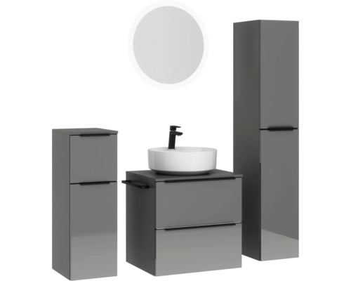 Ensemble de salle de bains moderne avec meuble-lavabo, vasque à poser, armoire de toilette et armoire haute pour un aménagement de salle de bains élégant